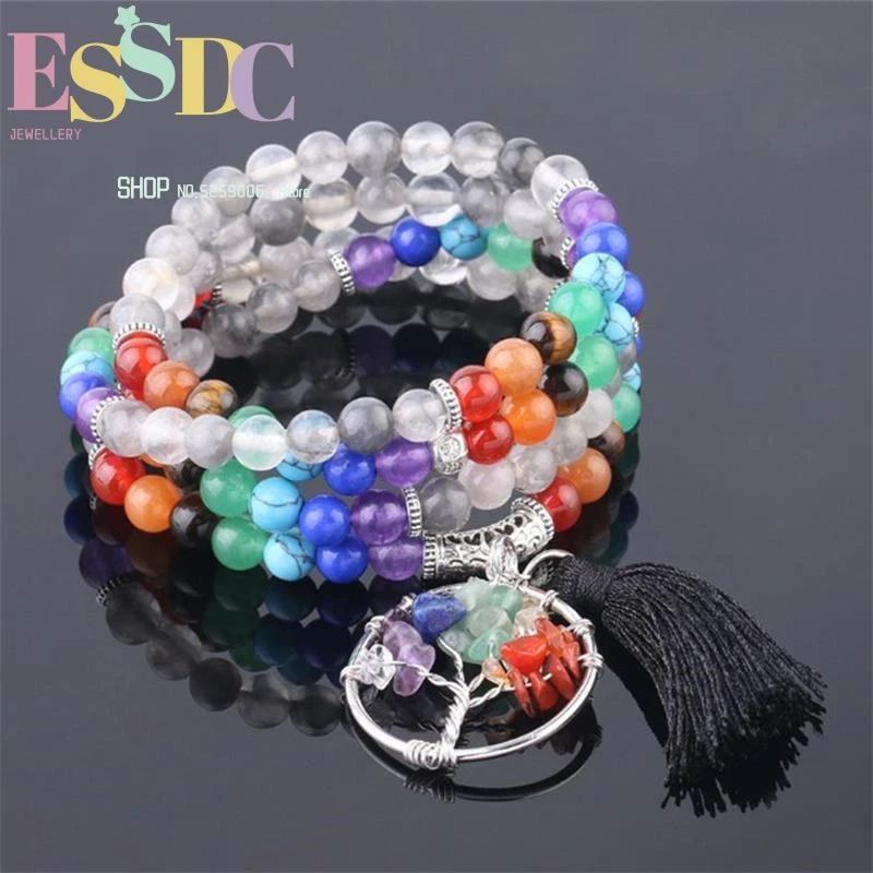 

7 Chakras 6mm Natural Crystal Multi-layer Elastic Wrapping 108 Yoga Tree of Life Pendant Long Bracelet for Women Men