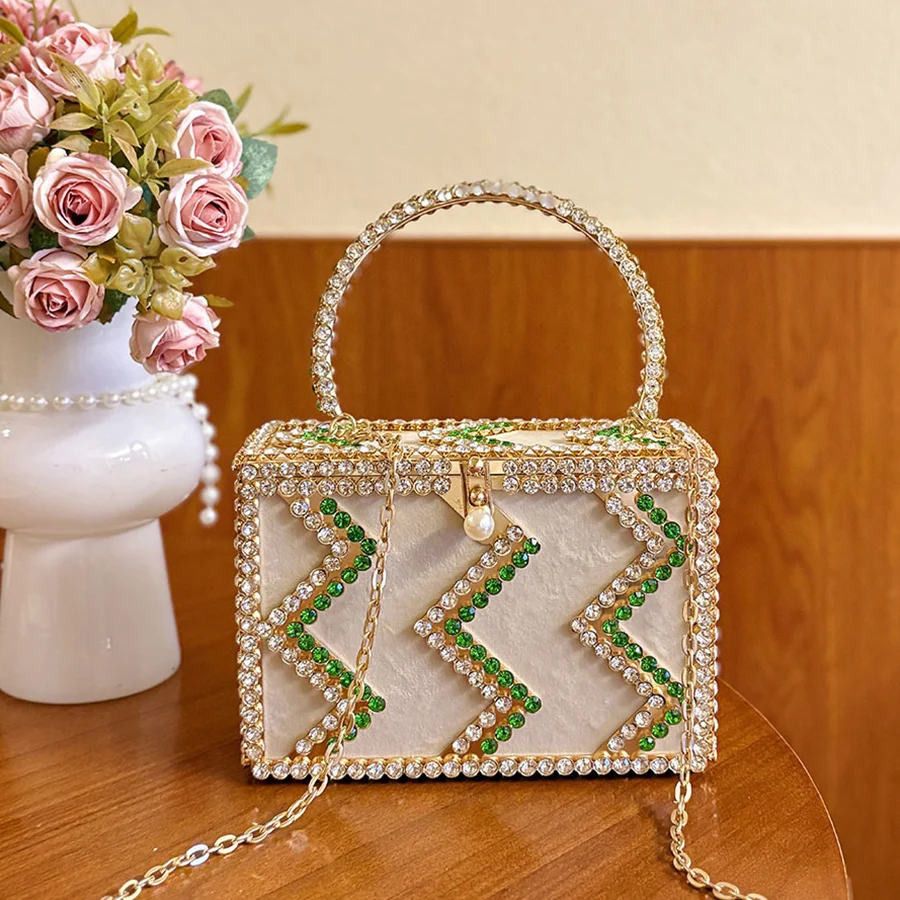 

Popular In Nigeria Exquisite Metallic Evening Bag Crystal Handle Box Bags Design Rhinestone Diamond Dinner Bags For Women Party