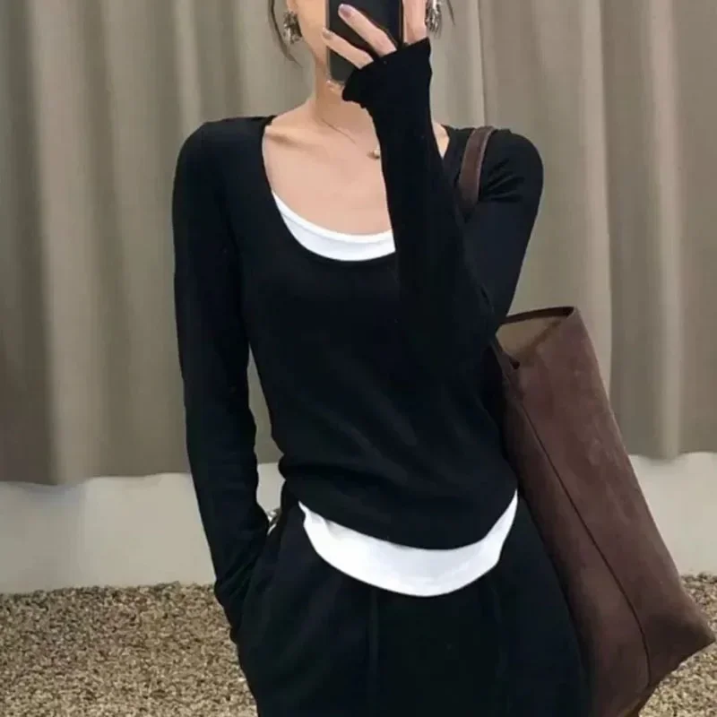 Contrast Patchwork Y2K T Shirts Women Korean Fashion Irregular Fake Two Pieces Tops Woman Fall Winter Long Sleeve Round Neck Tee