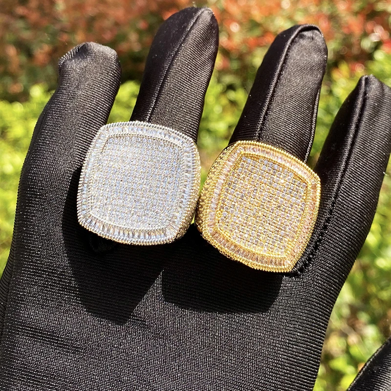 Hip Hop 5A+ Cubic Zirconia Paved Bling Ice Out Big Square CZ Ring Men Signet Rings Male Rapper Jewelry Gold Silver Color