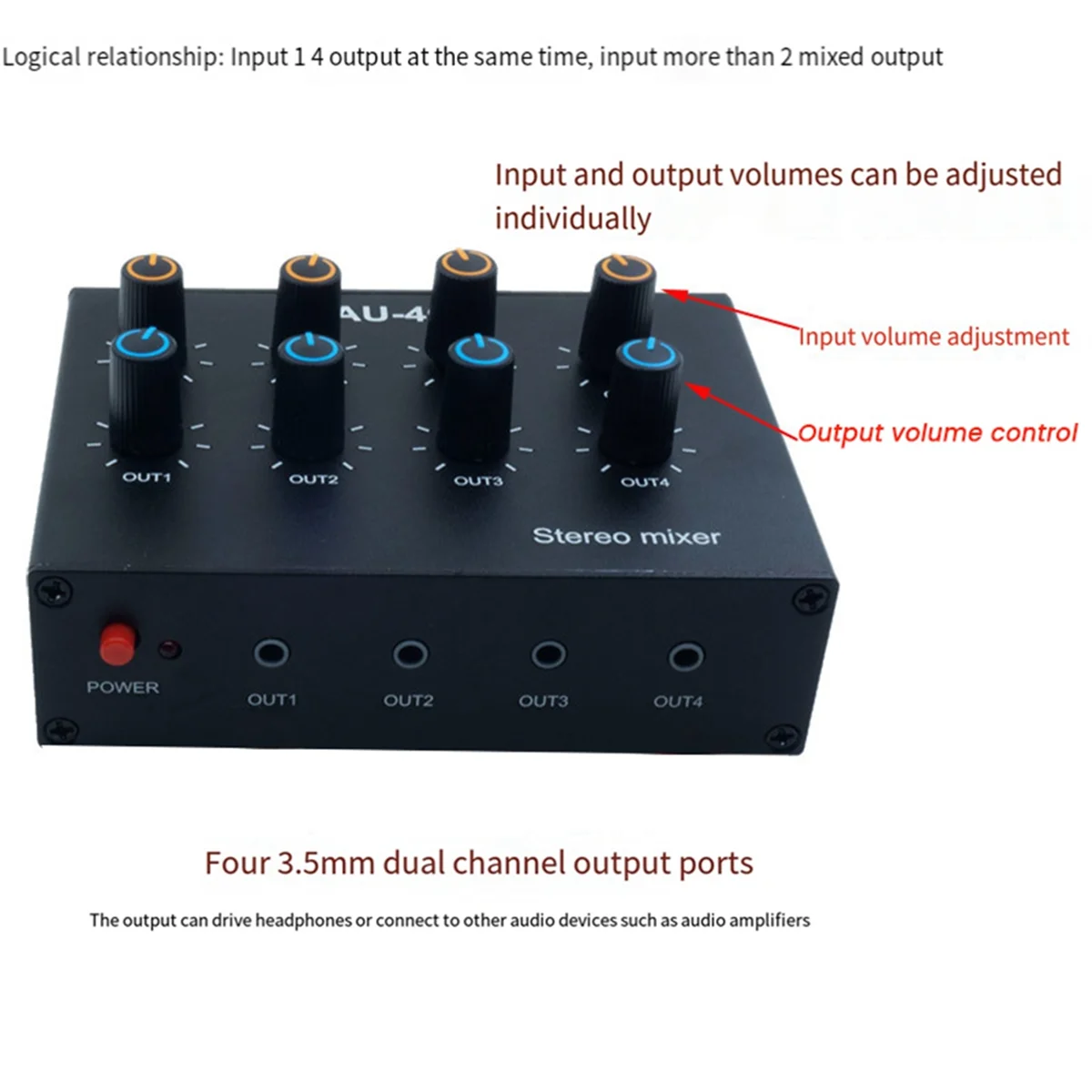 AU-404 Stereo Sound Four Multi Input Output Mixer Dual Channel Audio Music Mixing Four in Four Out