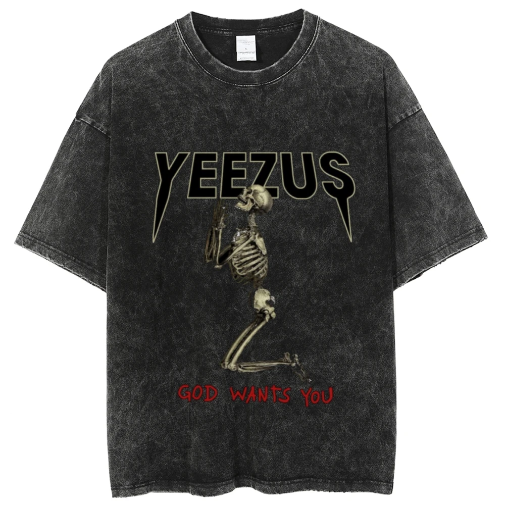 Halloween Style Short-Sleeved Water-Based Pure Cotton Pious Skull Letter Print Shoulder Oversize Pullover Designer New T-Shirt