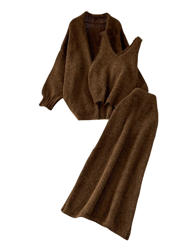 Autumn Winter Soft Plu Cardigan awl Midi Coat + Lady Vest +  Skirt Tee-Piece Set Warm Cozy Fluffy Open Front Outerwear