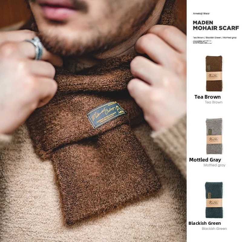 Maden Workwear Japanese Style Retro Knitted Scarf Windproof Warm Woolen Pure Color Neck Warmer for Autumn And Winter Unisex