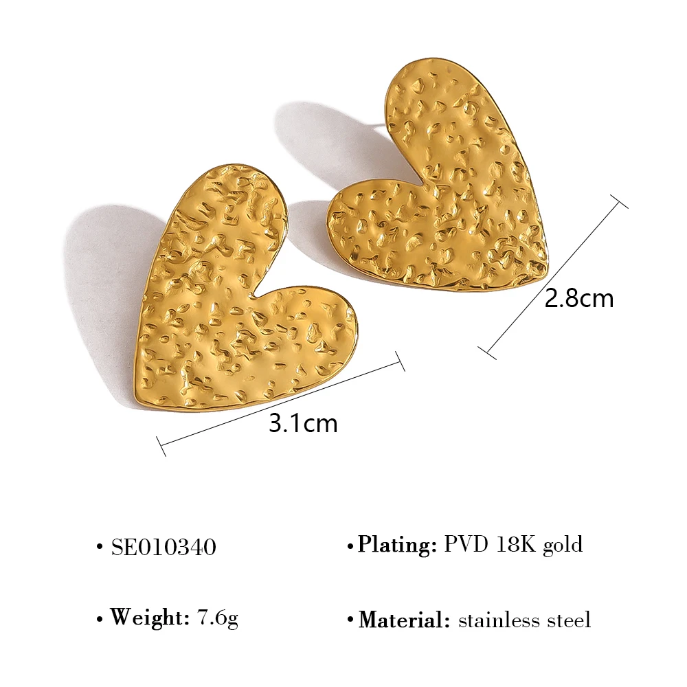 WILD & FREE 18K Gold Plated Stainless Steel Heart Stud Earrings for Women Irregular Hammered Texture Trendy Jewelry Waterproof
