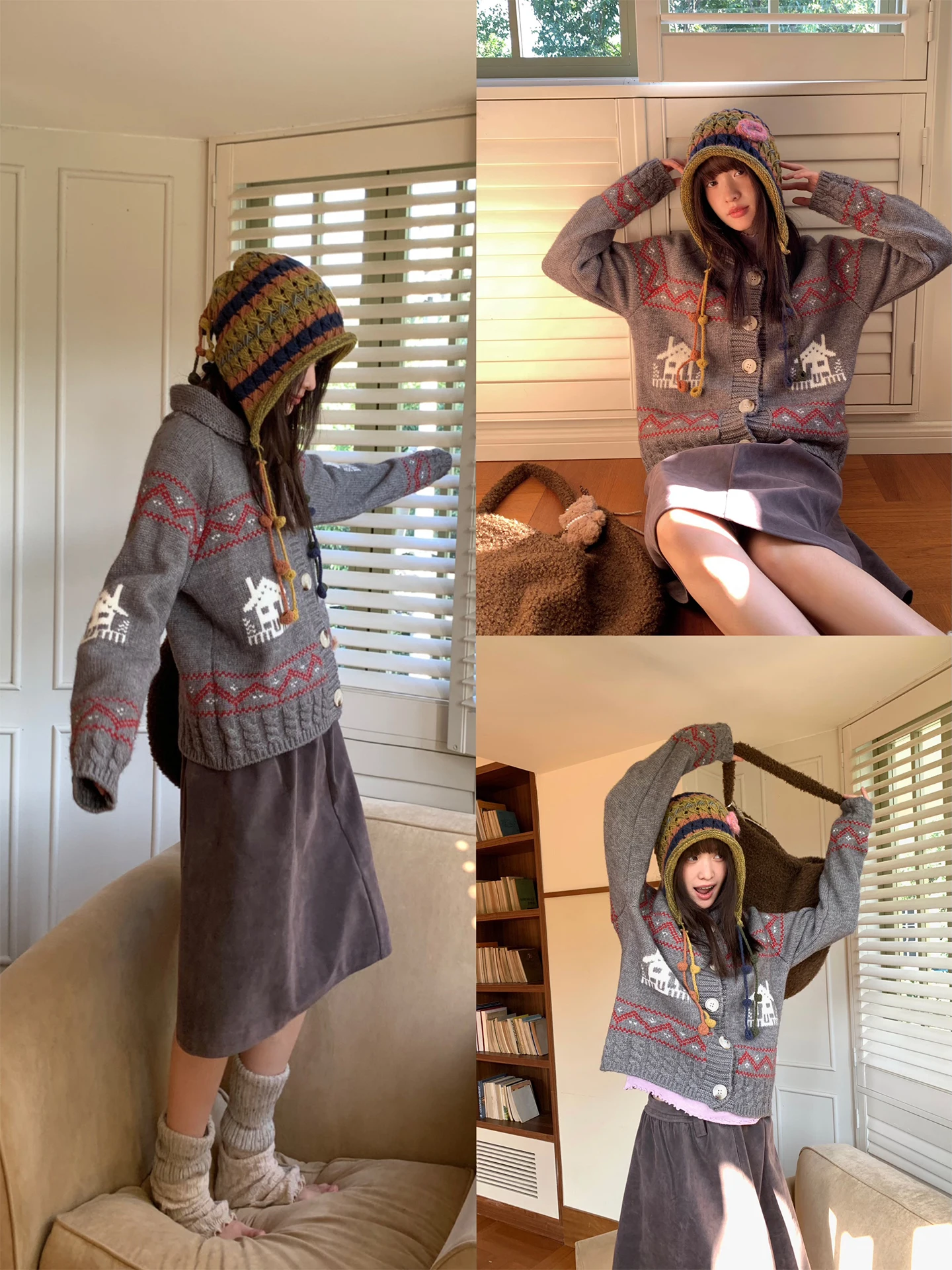 

Вязаный свитер Nara Park Fair Isle с ромбовидным узором, свободной фактурой, цветными блоками, теплый, для повседневной носки, с длинными рукавами, худи