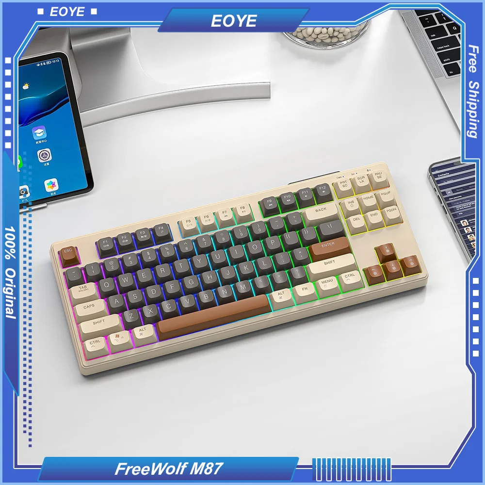 FreeWolf M87 Wireless Bluetooth Dual Mode Mechanical Keyboard Gaming Office Mute PBT Cap Ergonomic Esports Computer Peripherals