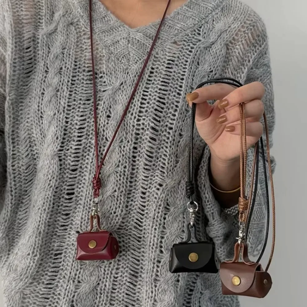 Mini and Compact Leather Hanging Neck Coin Purse Necklace Niche Design Headphone Bag Long Sweater Chain Accessory Women Men