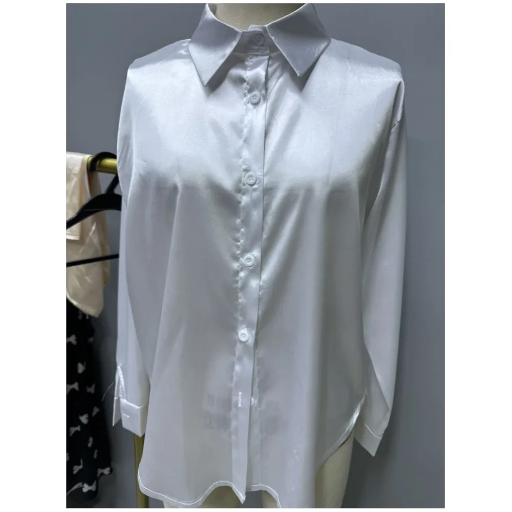 Spring Satin Shirt Women Loose Button Up Red Blouse Shirt Ladies Imitation Silk Long Sleeve Shirt For Women