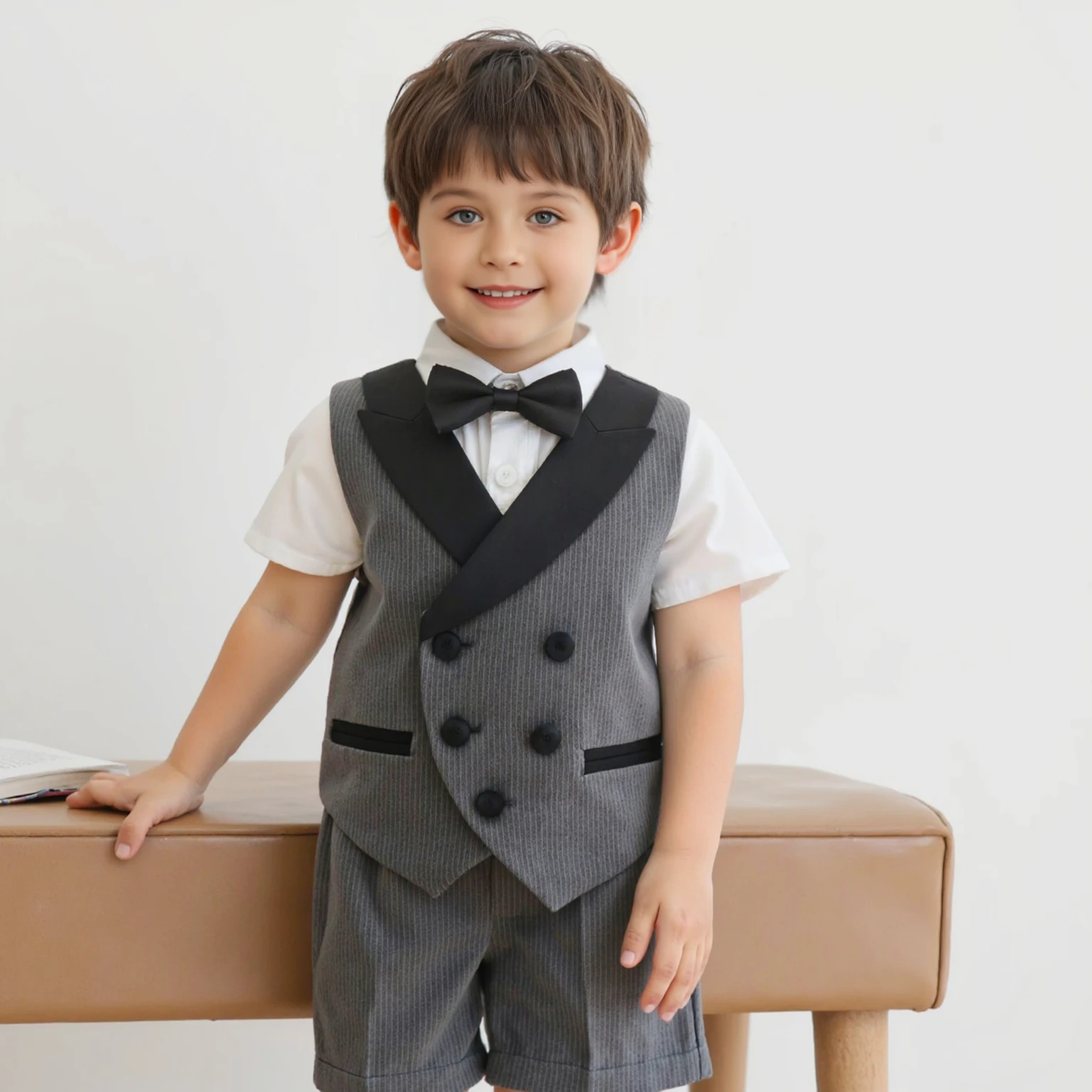 

Summer Children's Vest Suit Set for Boys And Girls Gray Stripe Formal Clothes for School Speech Performance Birthday Wedding