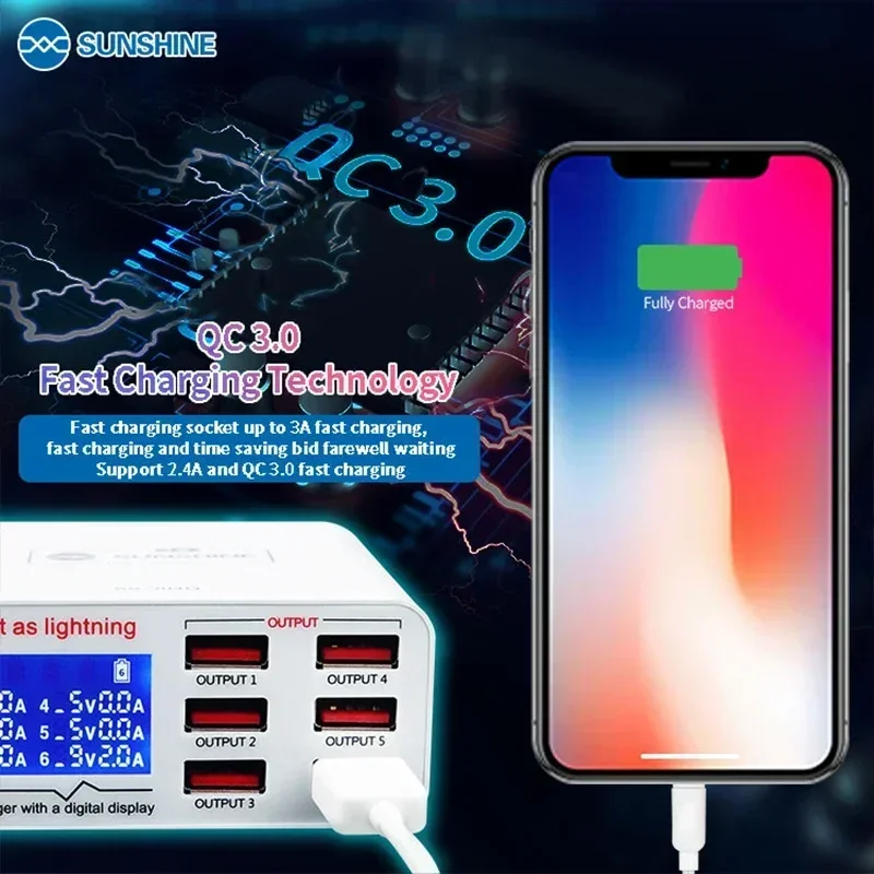 SS-304Q 6 Poort Lcd Usb Lader 2.4a Snel Opladen Ondersteuning Intelligentie Qc 3.0 Compatibiliteit Voor Ipad/Iphone Huawei Xiaomi Vivo