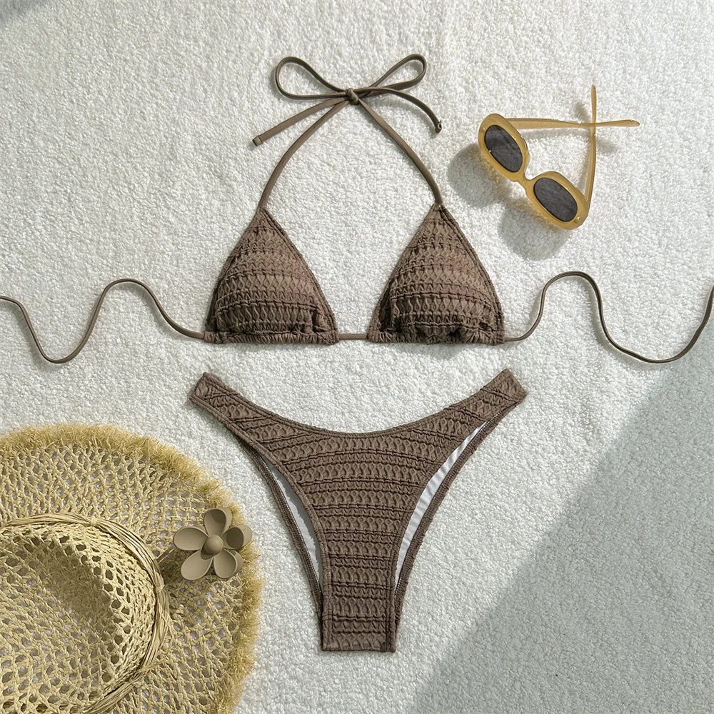 

Сексуальное бикини-стринги из жаккардовой ткани Y2K Купальник с лямкой на шее и открытой спиной Пляжный купальный костюм Женский купальник для отпуска Комплект бикини