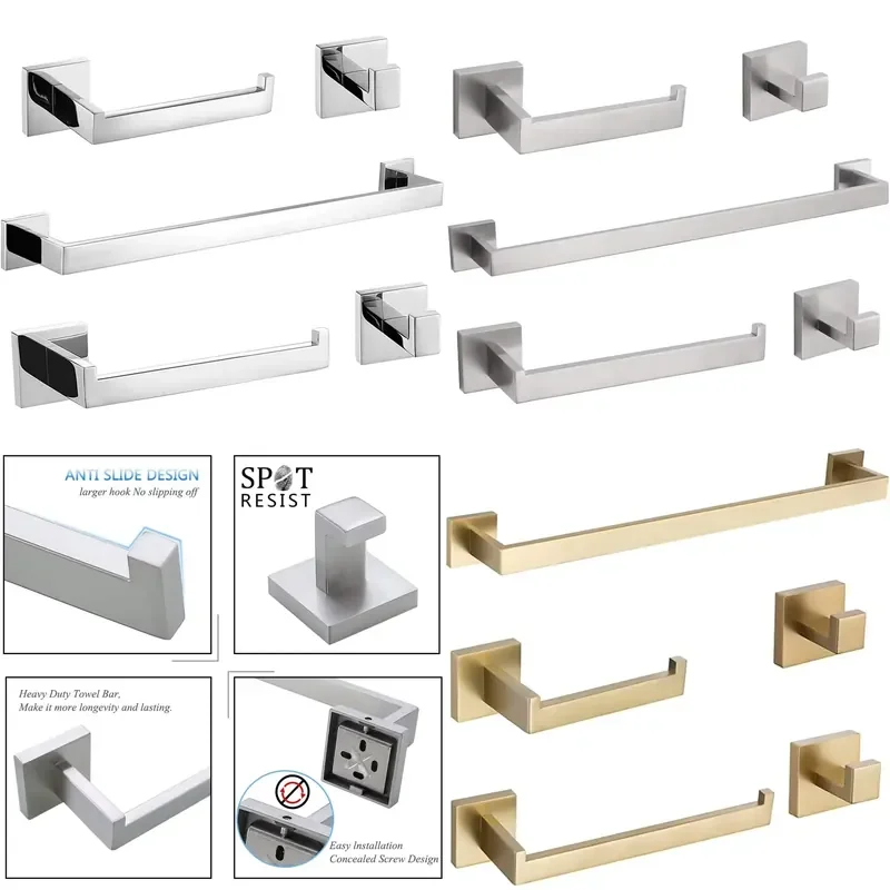 5 Piece Bathroom Hardware Set Stainless Steel Towel Bar Rack Holder Shelf Kit Wall Mounted Accessories for Bath Room Decor