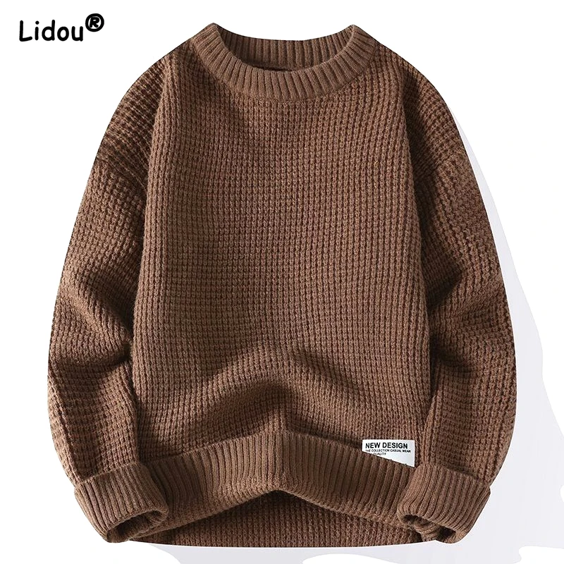 

Men's 2023 Autumn and Winter Pullover Round Neck Patchwork Waffle Fashion Commuter Solid Color Loose Bottom Long Sleeved Tops