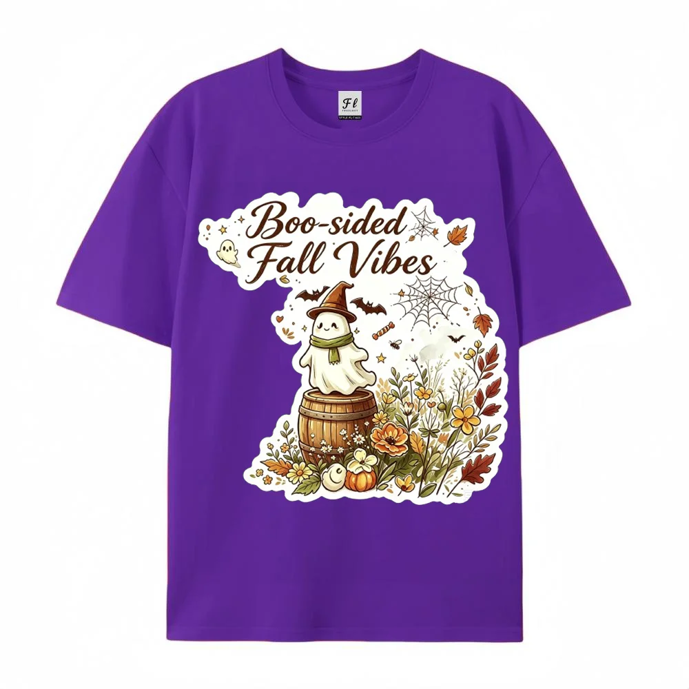 Boo Sided Fall Vibes Graphic T Shirt Cute Ghost Pumpkin Halloween Floral Print Casual Unisex Short Sleeve Tee