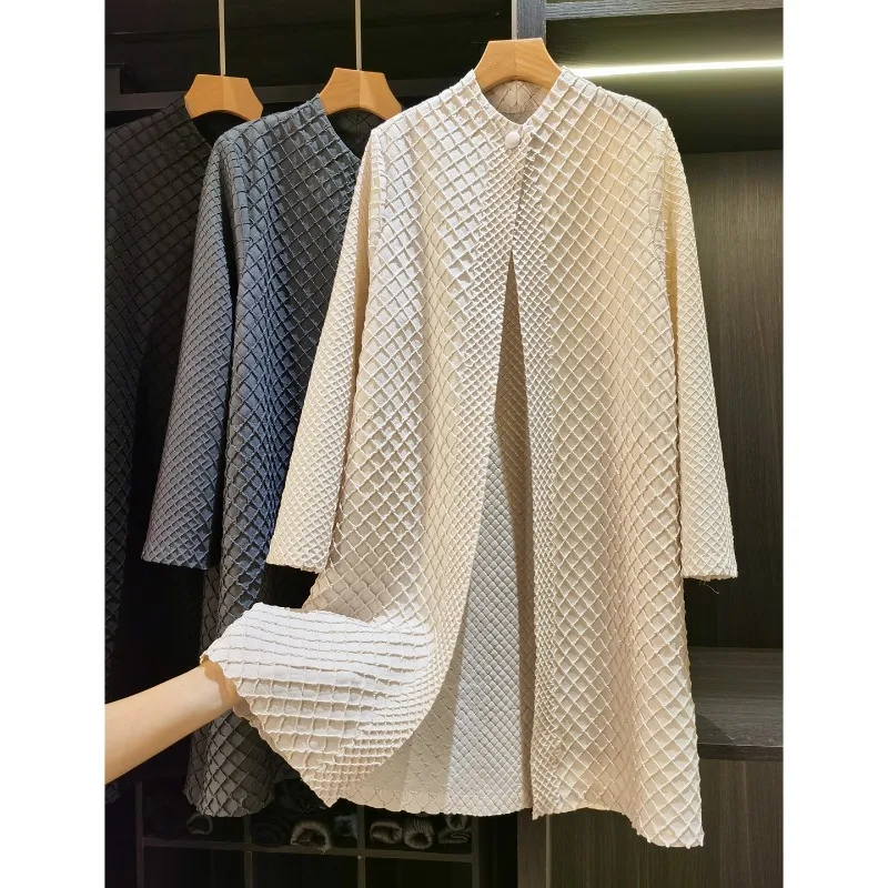 Miyake Pleated New Trench Jacket Women 2026 Summer Round Neck Loose One Button Versatile Casual Slim Diamond Pattern Cardigan