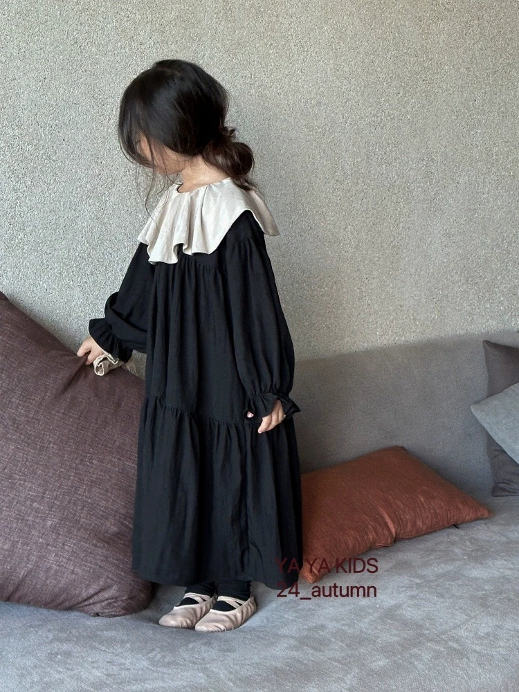 2026 Russian Girl Spring and Autumn Cotton and Hemp Color Blocked Lotus Leaf Edge Collar Forest Style Princess Dress