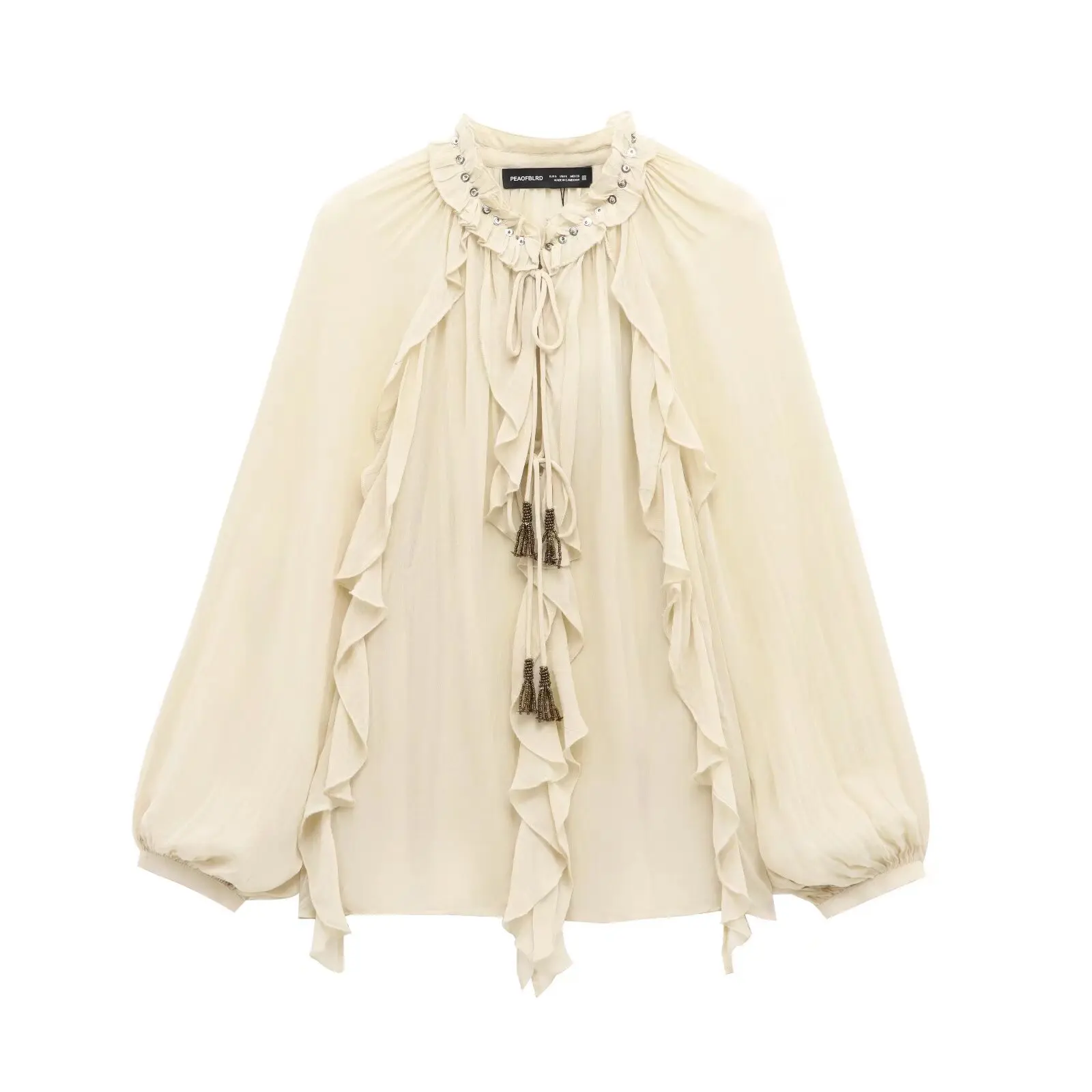 

New Spring 2025 Women Fashion Shirts Translucent fabric beaded rivets decorated V-neck lace ruffled romantic shirt