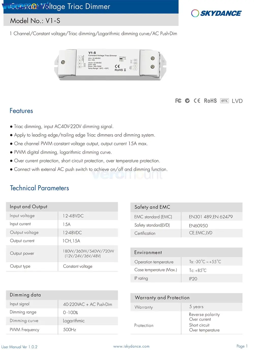 Skydance V1-S Triac Dimmer 12V 24V 36V 48V DC Tensione Costante AC40V-220V Push-Dim CV Triac LED Dimmer 1CH 15A per Luce LED