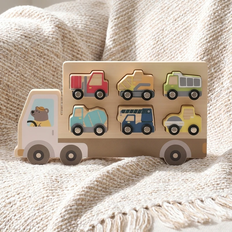 0-3 Jahre Auto-Spielzeug Holz-Baufahrzeug-Set Montessori Formen-Zuordnungspuzzle mit 6 Stück Baufahrzeuge Lernspielzeug – Detail 6