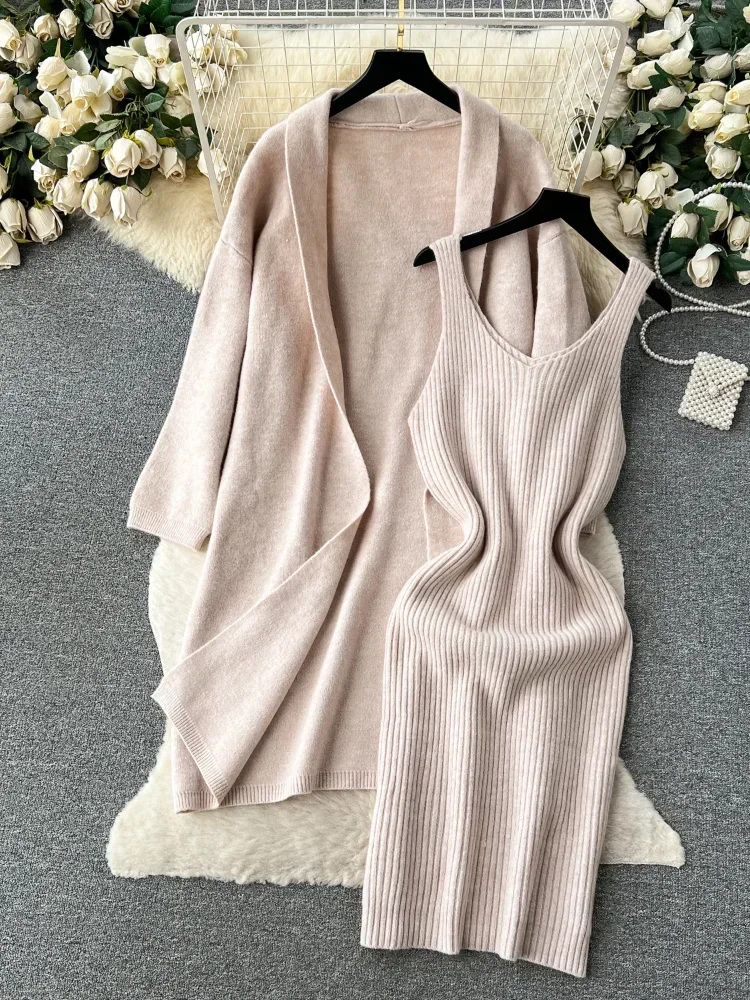 Autumn New Korean Style Fashion 2 Piece Set Women Strap Knit Dress + Loose Long Cardigan Female Thick Warm Sweater Knitted Suits