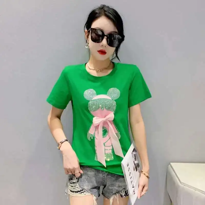 여성용 귀여운 만화 다이아몬드 반팔 티셔츠, 슬림 코튼 티셔츠, 여름 프린트, 한국 패션, #5214 블랙 그린 화이트