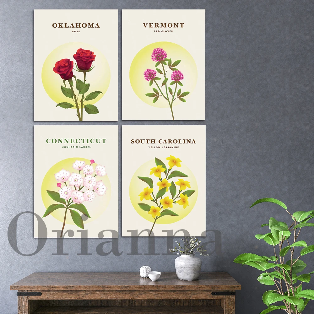 Oklahoma Rose Flower Connecticut Mountain Laurel Vermont Red Clover South Carolina Jessamine Flower Travel Wall Art Print Poster