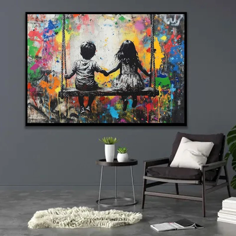 Banksy Kids on a Swing Graffiti Street Artwork, Banksy Balloon Grafitti Art Canvas, Love Wall Art for Living Room Home Decor
