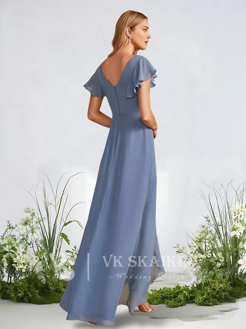 Abiti da damigella d'onore champagne di lusso con scollo a V asimmetrico in chiffon con volant abito da cerimonia nuziale per le donne elegante abito da sera 2025