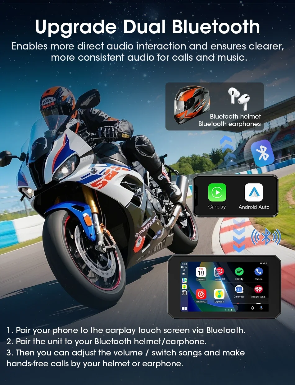 5-Zoll-Motorrad-Navigationsgerät mit drahtlosem CarPlay, Android Auto, Dual-Bluetooth, Moto-Monitor, Unterstützung für TPMS, IPX7 wasserdichtes Display – Detail 6