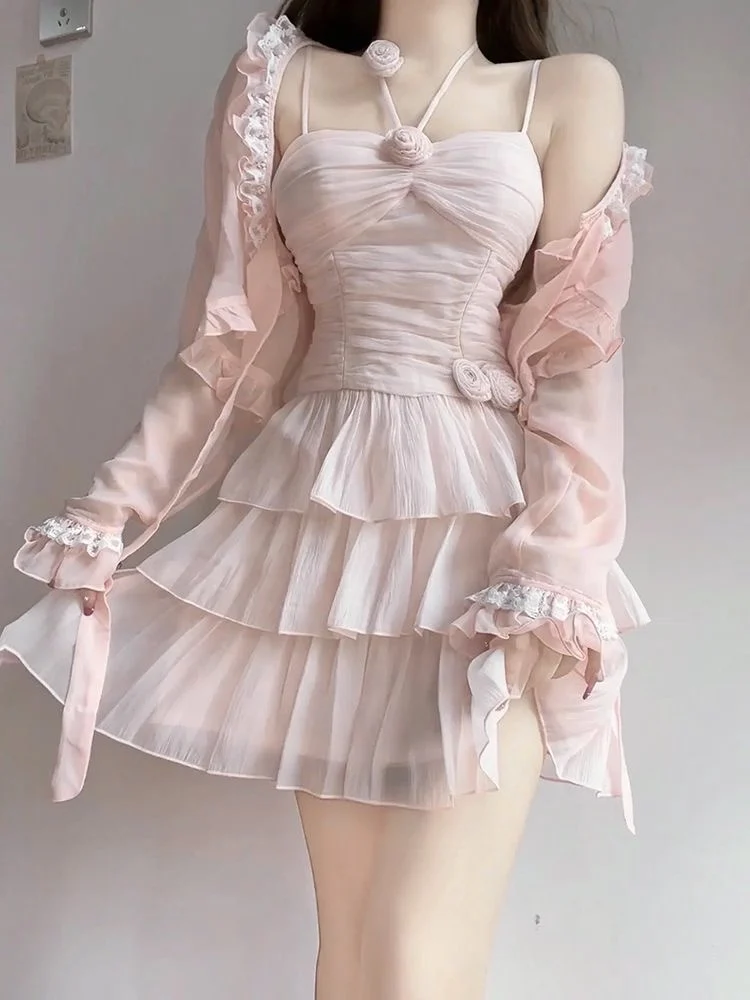 Two Pieces Set Pink Sexy Y2k Aesthetic Fairy Ball Gown Camisole Dress+Japanese Women Sweet Grunge Fashion Long Sleeve Cardigans