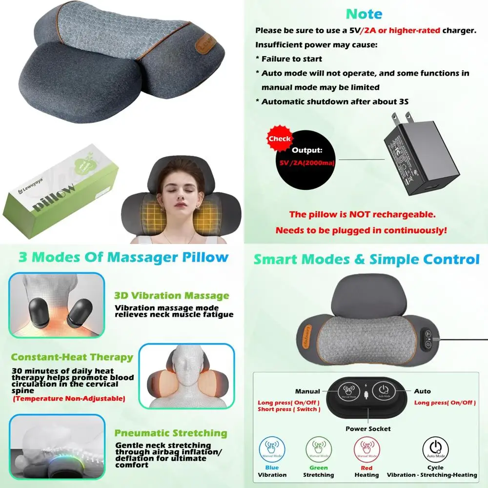 3-in-1 Neck Massager Pillow with Heat and Air Compression, Dark Grey