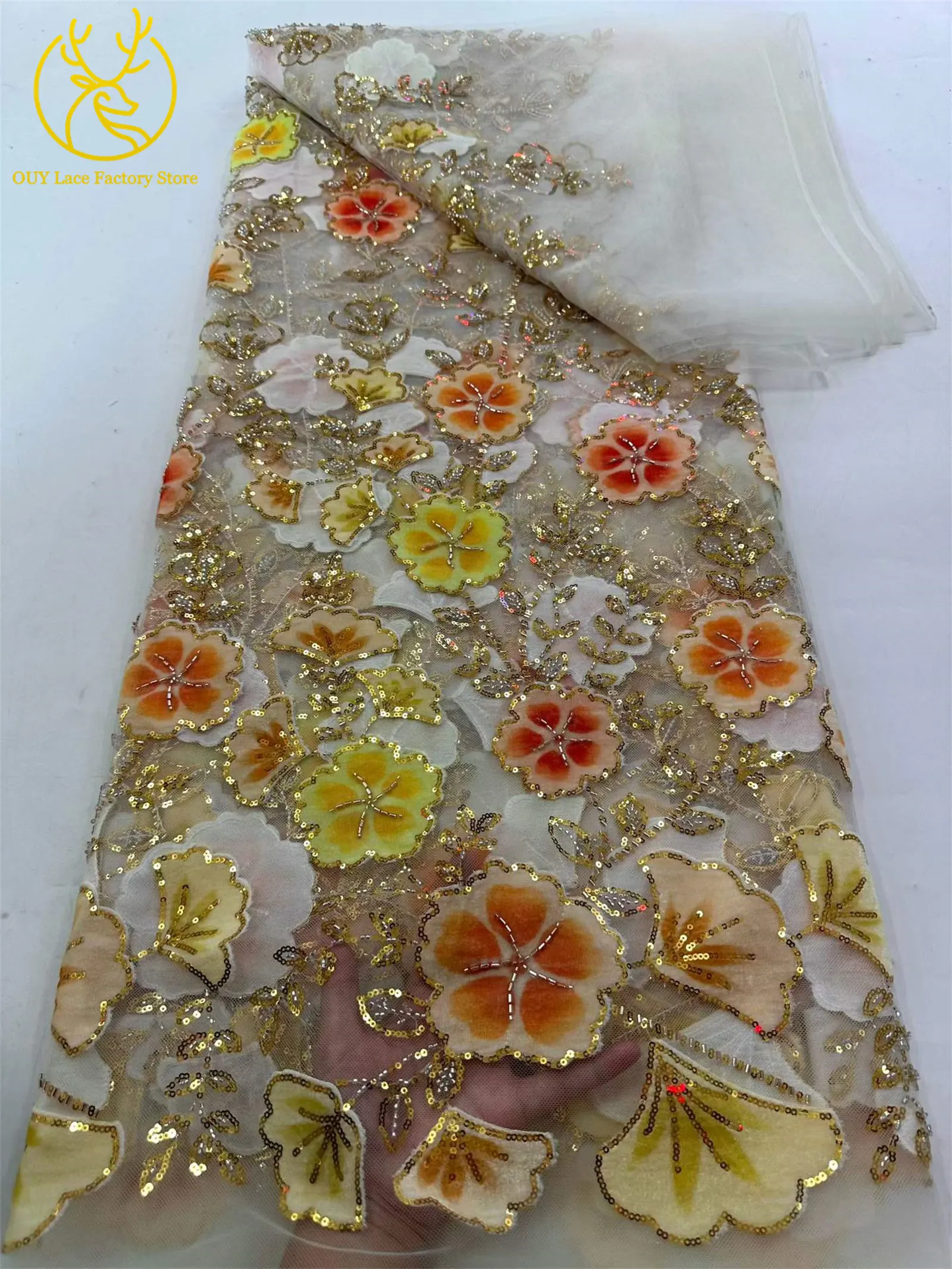 Nigerianischer eleganter Perlen-Blumen-Spitzenstoff, 5 Yards, modischer französischer Spitzenstoff mit goldenen Pailletten für Brautkleider zum Nähen – Detail 12