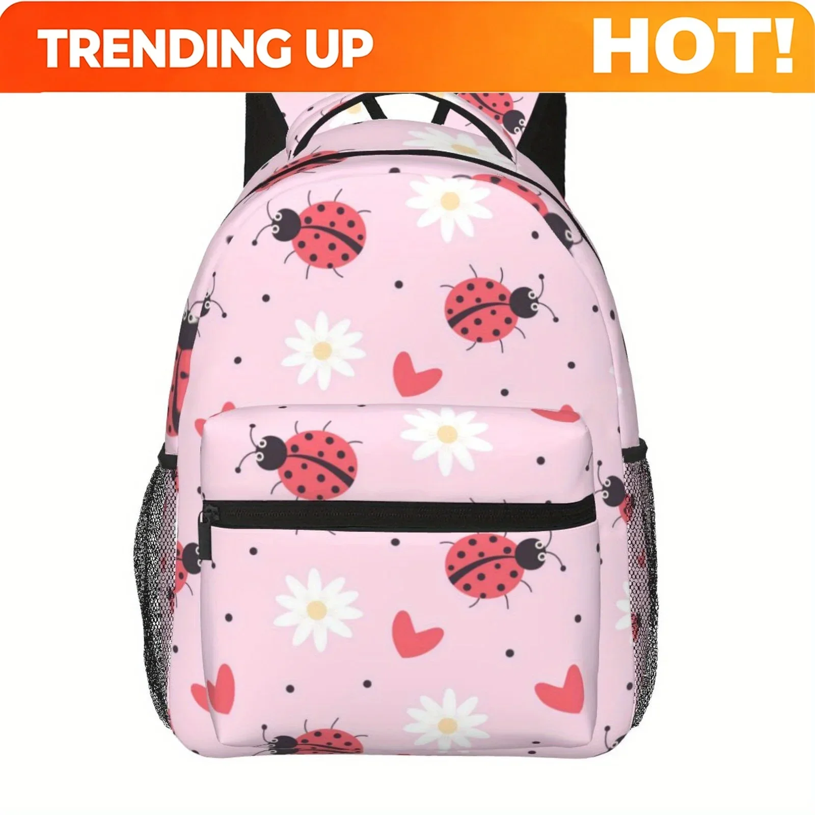 Custom Bag 1pc Sweet Daisy Ladybug Pink Theme Half Full Print Large Capacity, Double Net Pocket Backpack, Lightweight And Durabl
