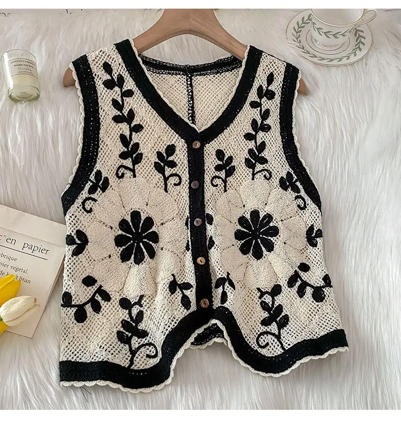 Embroidered Floral Crochet Vest for Women Openwork Button Front Sleeveless Jacket Tanks Female Summer Vintage Fairycore Outfit