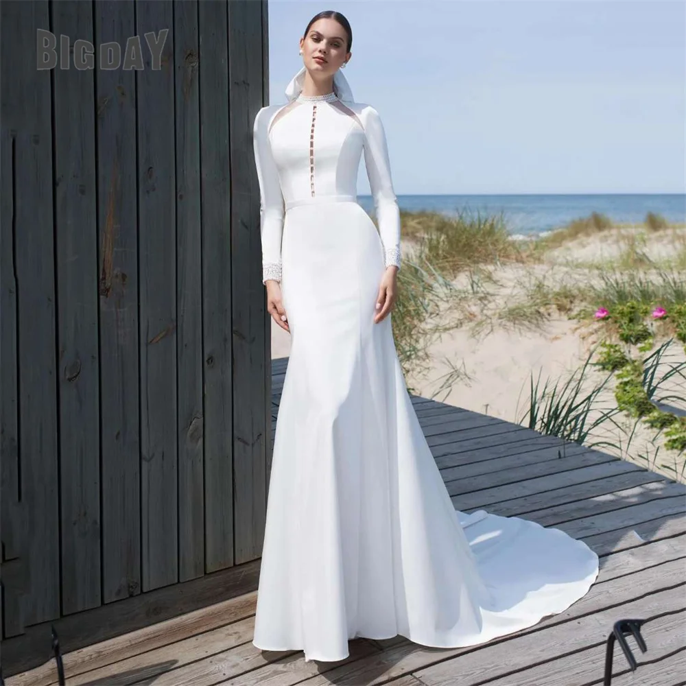 

Elegant Meramid Wedding Dress Women Lace Open Back Lace Long Sleeve High Collar Satin Bridal Gowns Sweep Train Vestidos De Noiva