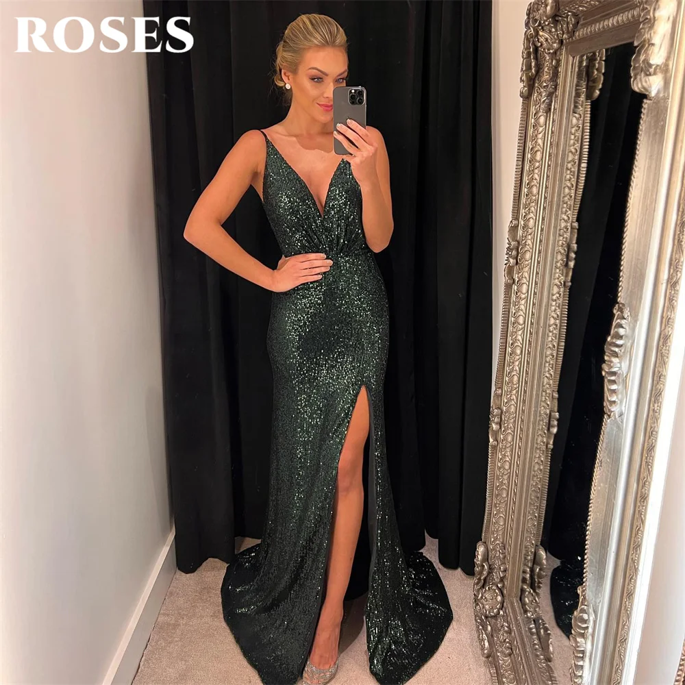 ROSES Mermaid Sexy Prom Dress Sequin Glitter Spaghetti Strap Celebrity Dresses Women's Evening Dress Shining Formal Gown 프롬 드레스