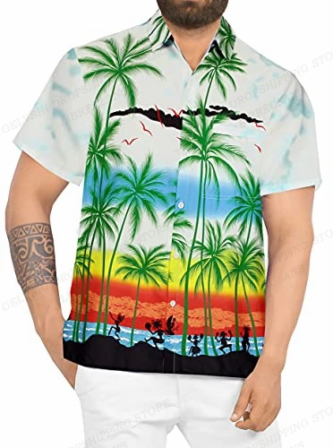 Sunrise camisa hawaiana con estampado 3d para hombre, blusa de playa, Camisas de solapa de vacaciones, Camisas de playa de árbol de coco, ropa para hombre