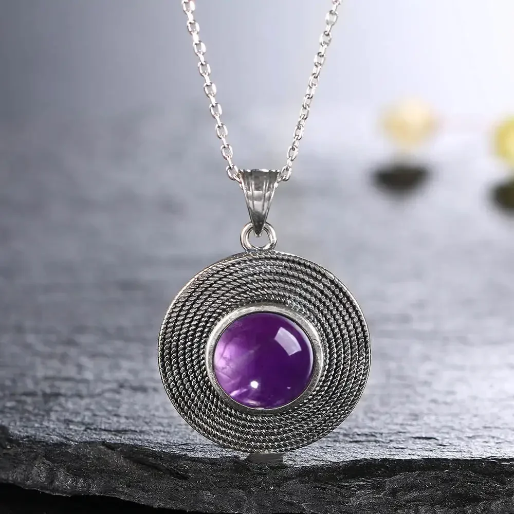 Women's Round Amethyst Pendant Necklace Handmade 10MM Natural Gemstone Charm Necklace Party 925 Sterling Silver Gift