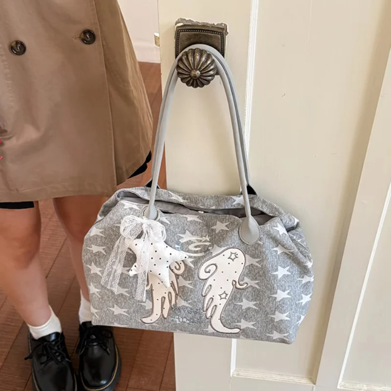 Korean Style Angel Wings Pattern Shoulder Bag Women Chic Star Print Nylon Tote Bag Multi-layer Versatile Large Capacity Handbag
