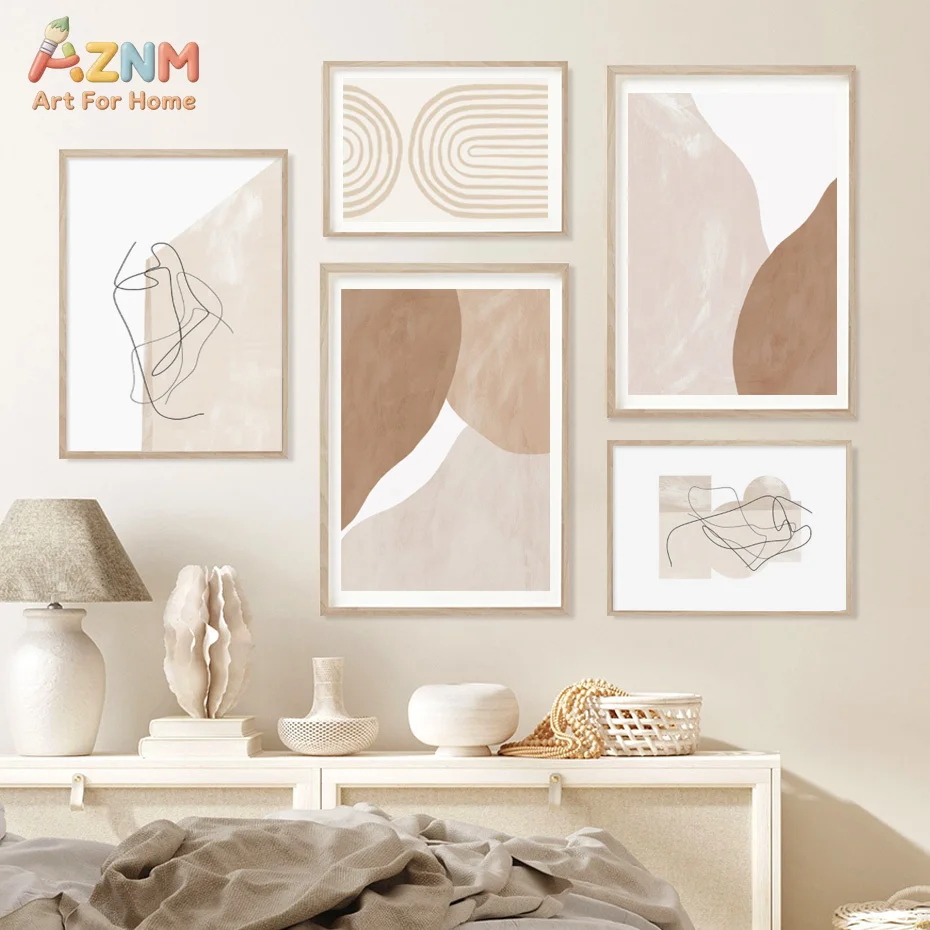 AZNM Frameless Canvas Poster Neutral Brown Boho Abstract Geometric Shape Print, Minimalist Textured Line Art Wall Art Picture fo