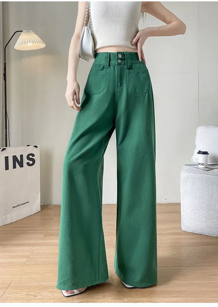 

Летние женские джинсы с высокой талией, зеленые корейские модные уличные прямые брюки, мешковатые повседневные винтажные женские широкие джинсовые брюки