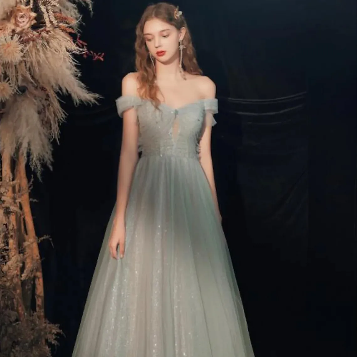 2024 Bridesmaid Dress Off Shoulder Short Sleeve Sexy A-Line Floor Length Tulle with Pleats Sequin Vestido De Noiva فستان