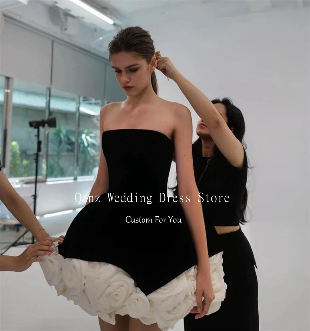 Qanz Black/White Ball Gowns Short Prom Dresses Velvet 3D Handmade Rose Flowers Mini Tutu Fluffy Party Evening Gowns Customized