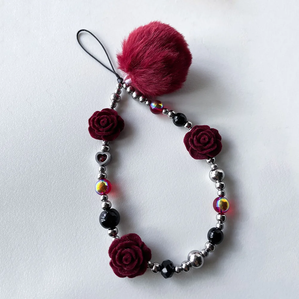 Wine Red Rose Flower Phone Charm Fur Ball Stainless Steel Beads Cellphone Strap Autumn Winter Wallet Camera Bag Decor Jewelry