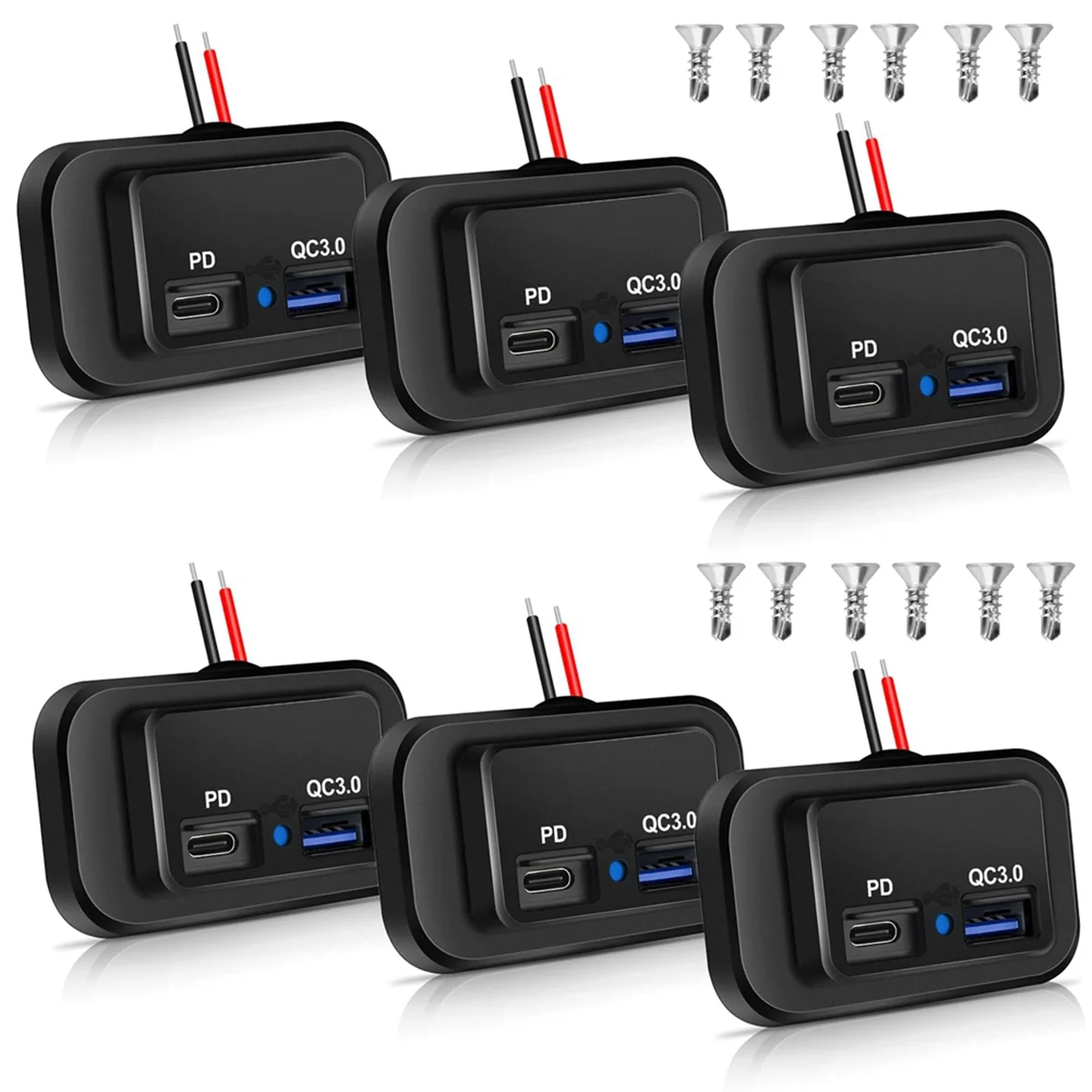 6PCS 12V/24V RV USB Outlet, Dual PD3.0 Type-C (USB C) & Quick Charge QC3.0 USB-A Port Panel Mount Car USB Socket Charger