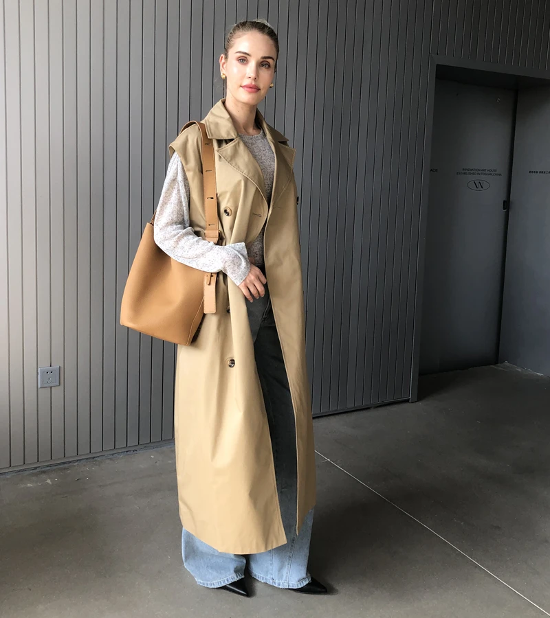 2024 Women Fashion Fall / Autumn 2 piece long trench coat Female outerwear blue Khaki