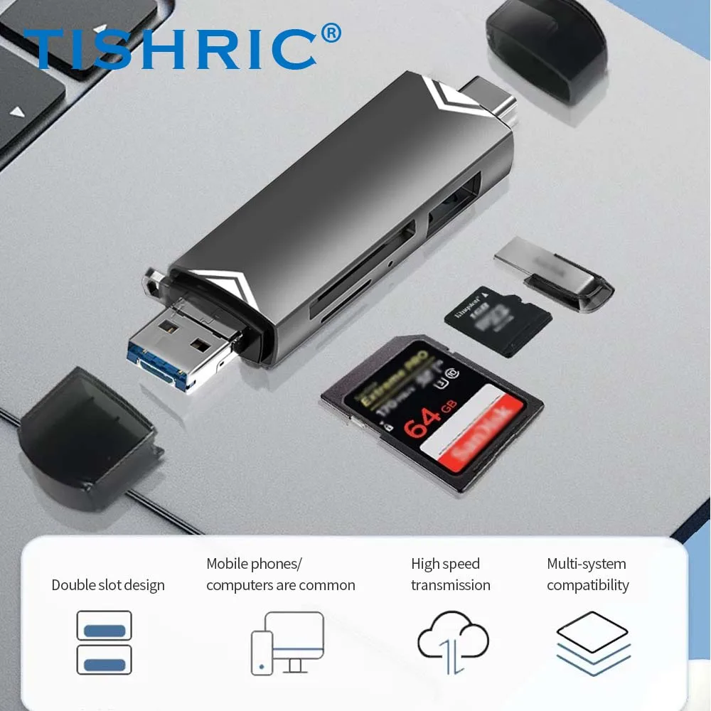 

TISHRIC 6 в 1 кардридер внешний U-диск TF/SD карта клавиатура мышь 5 фунтов/с USB Type-C Интерфейс Алюминиевый адаптер