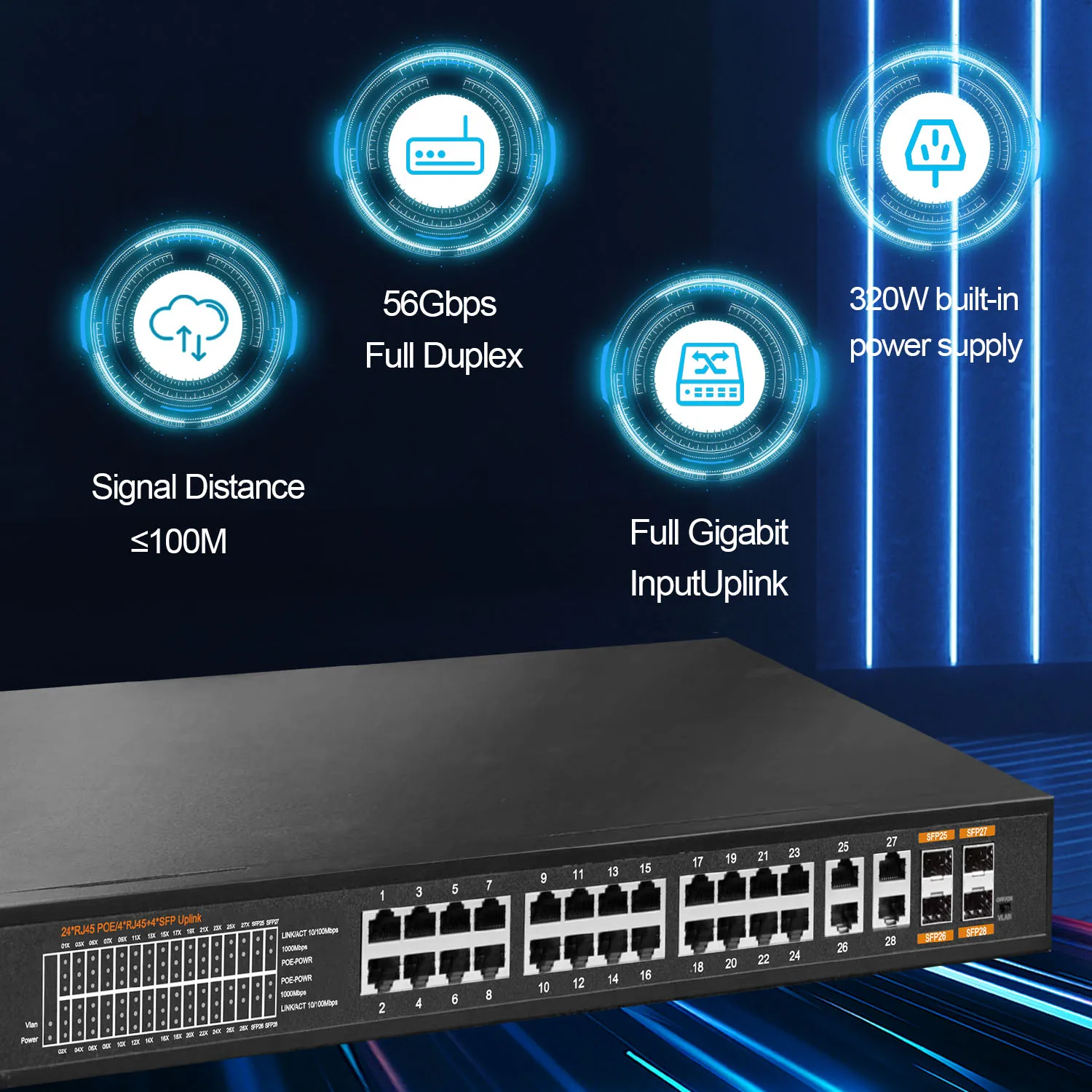 Imagem -05 - Switch de Rede Ethernet Poe Montagem em Rack 1u Gigabit Completo 32 Portas Desbloqueado 24 Poe Mais Rj45 Mais Sfp Portas de Uplink 320w Vlan