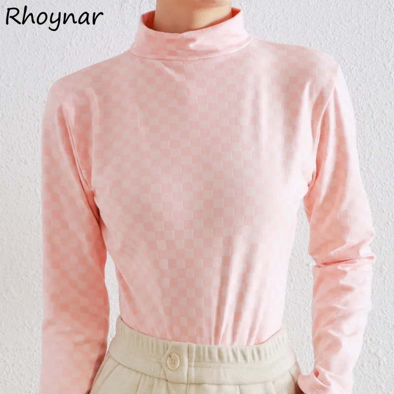 

Turleneck Plaid T-shirts Women Long Sleeve Tops Comfortable Slim All-match Leisure Simple College Korean Style Sweet Spring Cozy